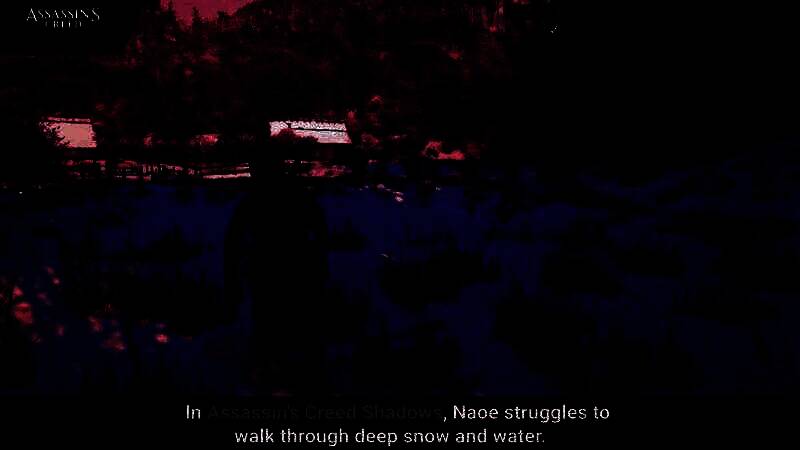 刺客信条:影女主在深积雪和水流中行走艰难对比图1