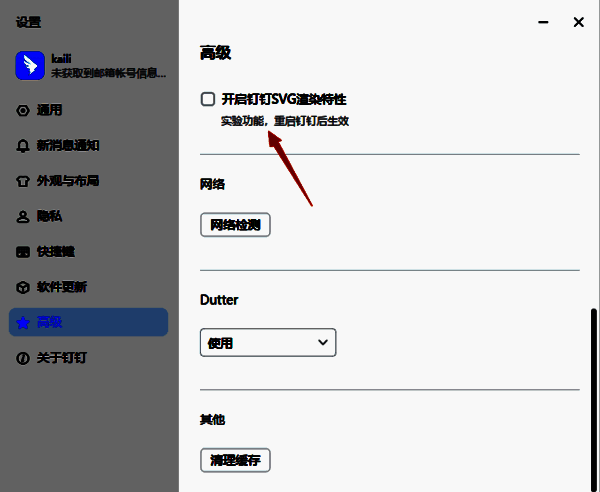 勾选开启钉钉SVG渲染特性选项界面图片