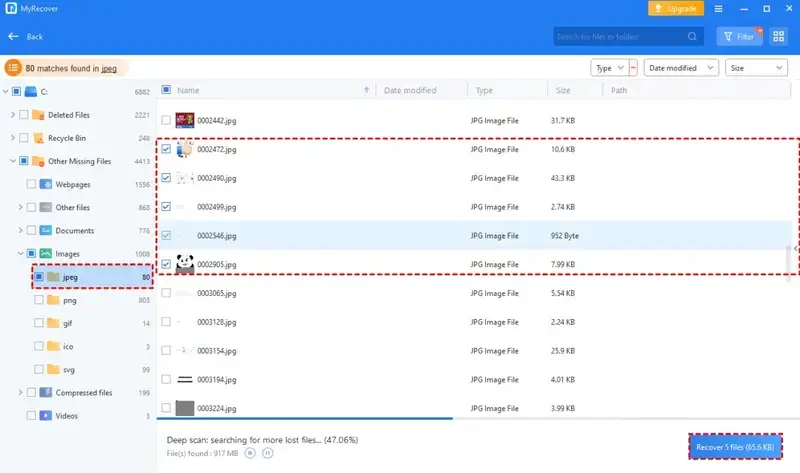MyRecover软件扫描结果过滤选择文件界面