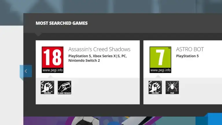 PEGI网站游戏榜单截图
