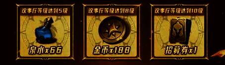 议事厅等级提升奖励展示图，界面显示不同等级可领取的资源与道具