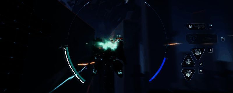 赤霄机甲战斗画面，机甲手持重型武器，背景为废墟战场