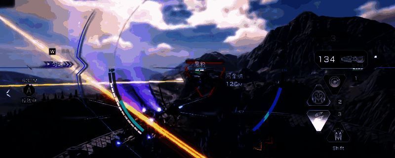 《解限机》中矛隼机甲战斗画面,机甲在空中高速飞行,导弹轨迹划破夜空