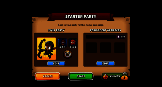 肉鸽传奇模式角色选择界面,展示多个可解锁英雄与初始猴塔