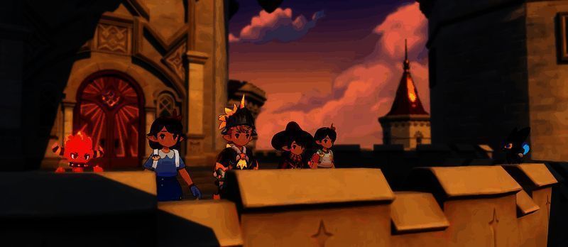 王国城堡主城场景，翼系精灵王灵羽勇士与玩家骑乘扫帚的精彩画面