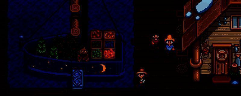 星露谷物语游戏画面，农田中摆放着多个小桶，角色正在酿酒