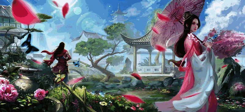 江湖侠侣在月色下乘坐小船游览，水面波光粼粼，景色如画