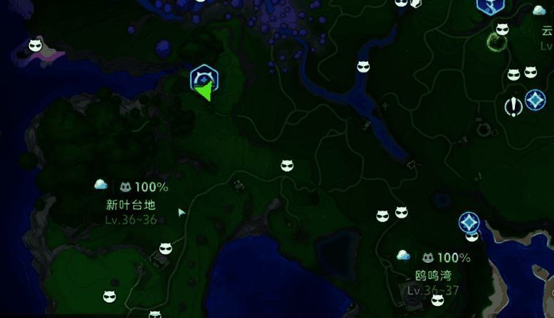 新叶台地地图标记示意图,标注五种伊莫的分布位置