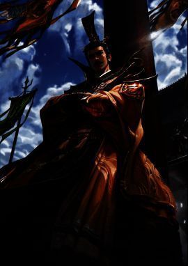 谋袁术身着华服，手持玉扇，身旁门客簇拥，背景为豪华府邸