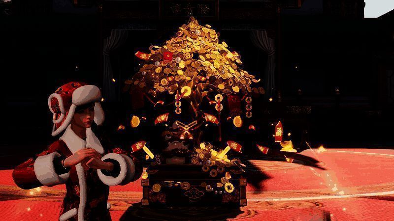 灵殊·摇钱树外观展示,金色树形装扮搭配金币特效,寓意财源广进