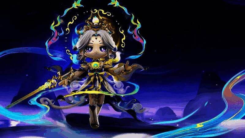 桃子神话皮肤朝闻道展示图,手持长剑,周身环绕星辰光芒