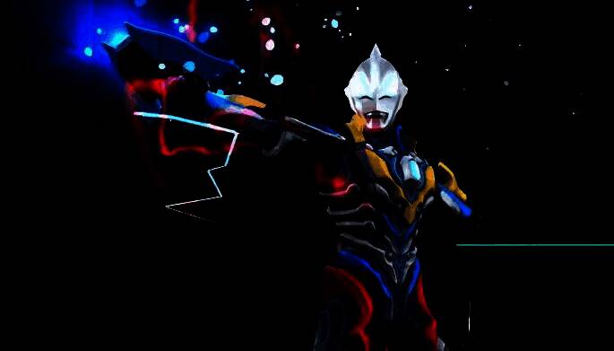 捷德奥特曼释放终极半月斩的战斗场景，光刃划出璀璨轨迹