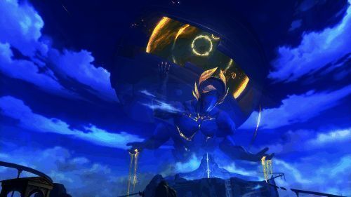 游戏中负世之泰坦“刻法勒”静卧于圣城奥赫玛中央的壮观画面，光影交错，氛围神圣庄严