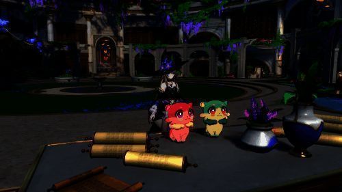 游戏中奇美拉生物在花园中嬉戏的画面，角色蹲下与其互动，画面温馨可爱