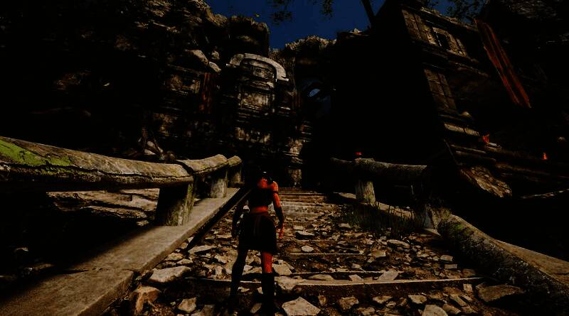 神秘神庙入口场景，石阶蜿蜒而上，两侧矗立着残破雕像，空气中弥漫着诡异蓝光