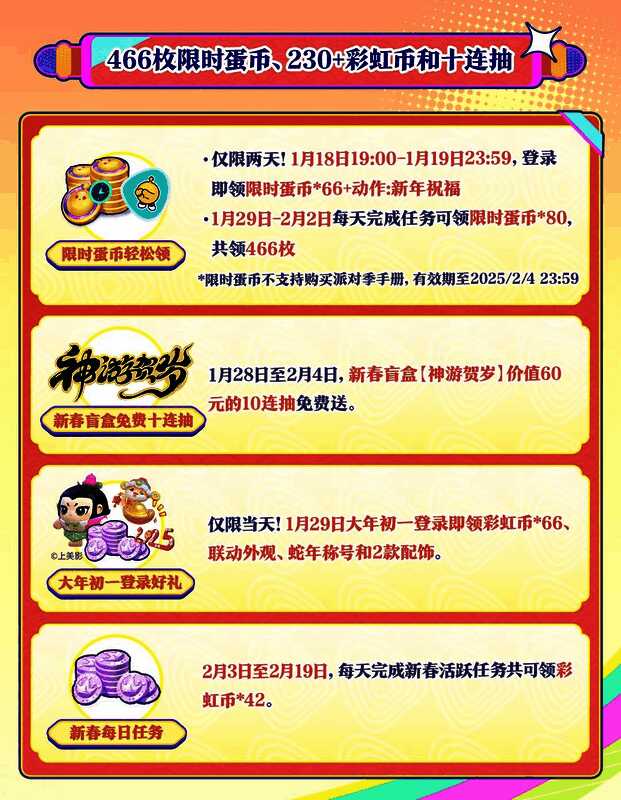 新春盲盒界面展示,多个外观图标闪烁,显示“10连抽免费送”字样