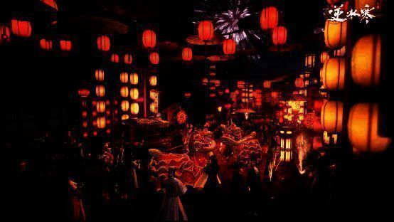 玩家在游戏内与好友共度春节，场景布置喜庆热闹