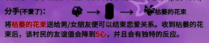 游戏中玩家向NPC赠送枯萎花束的场景，界面显示分手提示信息