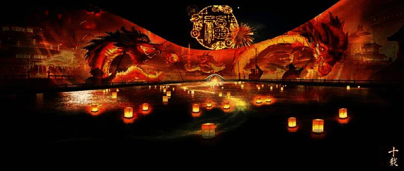 新春活动场景，侍女NPC手持灯笼，周围布置红灯笼与春联，节日气氛浓厚