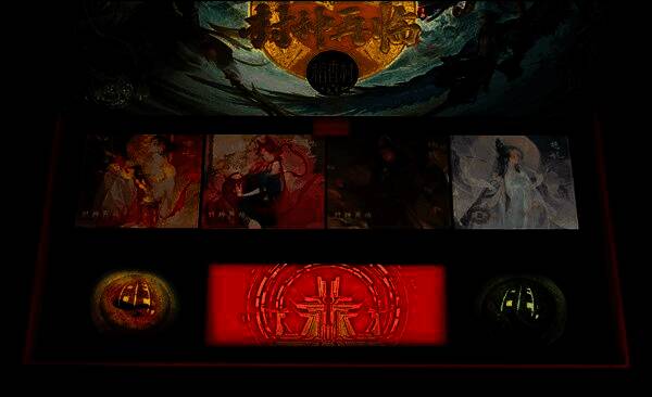 礼盒内部细节图，糕点整齐排列，周围环绕游戏角色插画，精致诱人