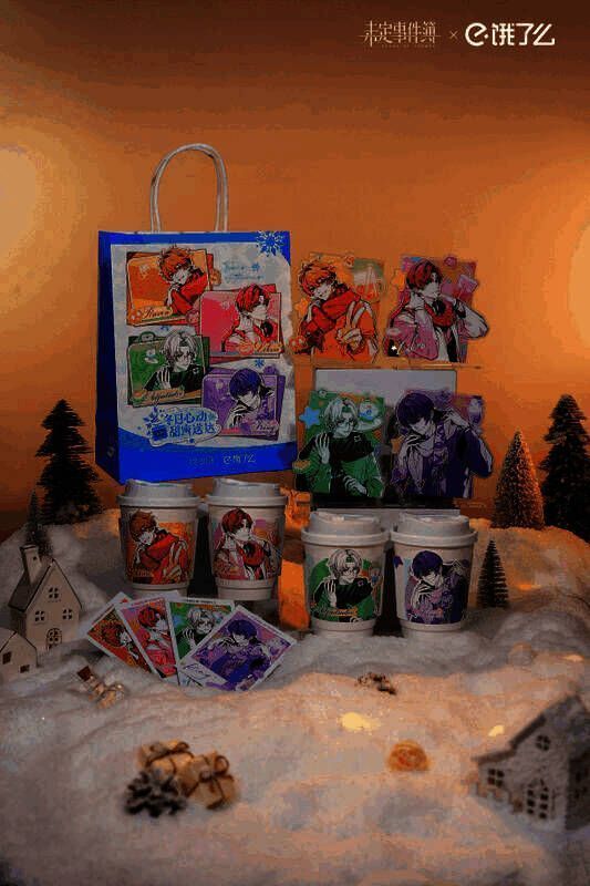 饿了么联名周边实物图,包含拍立得卡片、杯套、纸袋,设计精美且充满角色个性