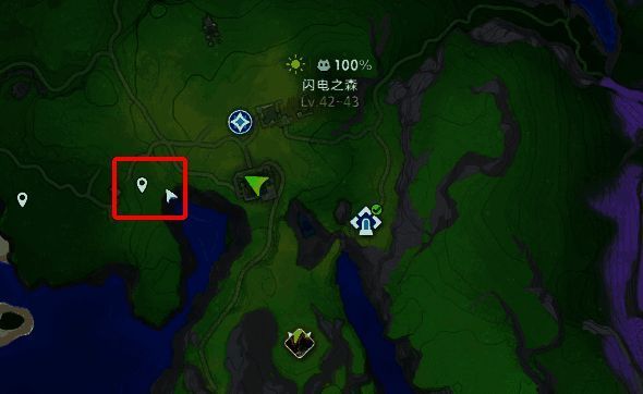 玩家使用弹射台飞跃悬崖的场景，背景可见岛屿中央的稀有宠物位置