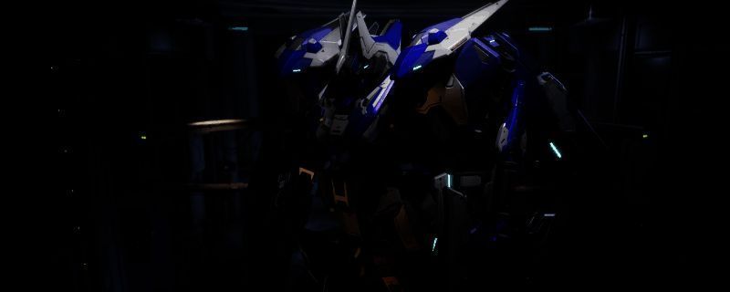解限机中龙渊机甲采用海牛高达涂装的完整展示图,机体以蓝灰为主色调,红金点缀,细节丰富且极具机械美感
