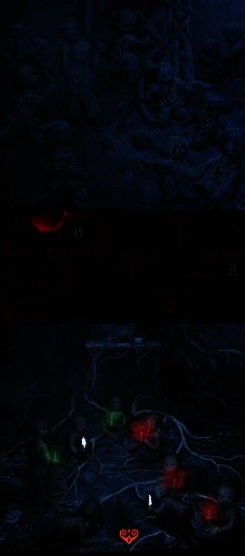 矮楼内墙上绘制彩色符号，玩家正对照记忆中的颜色点燃对应蜡烛