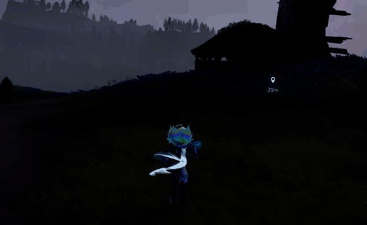 玩家角色在森林中奔跑寻找虹光伊莫，远处隐约可见一道彩色光影