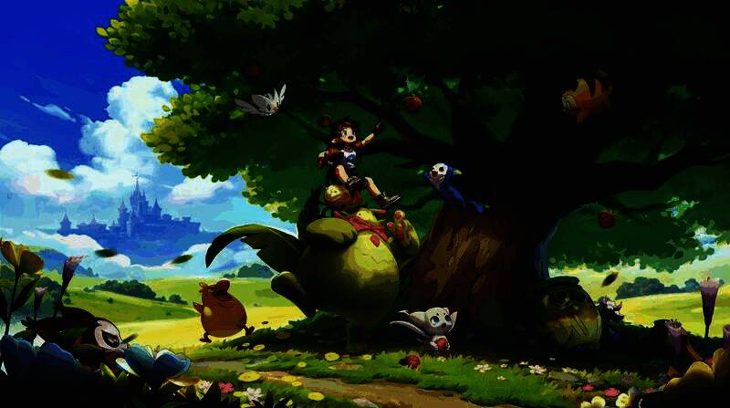 《洛克王国：世界》测试宣传图，主角与精灵在魔法学院前欢乐合影