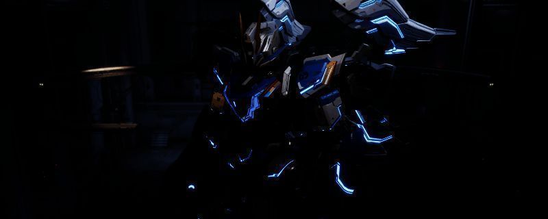 解限机游戏中卢米纳尔机甲飞翼零高达涂装效果图,机体呈现蓝黑主色搭配红色高光细节,翅膀部分泛着金属光泽