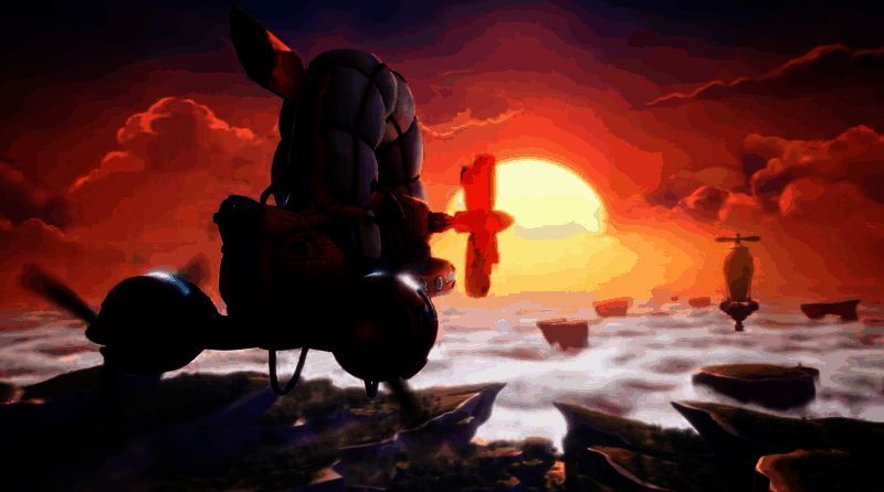 猫女与尤加掉入漩涡后出现在荒原地图,天空漂浮着巨大海盗船锚