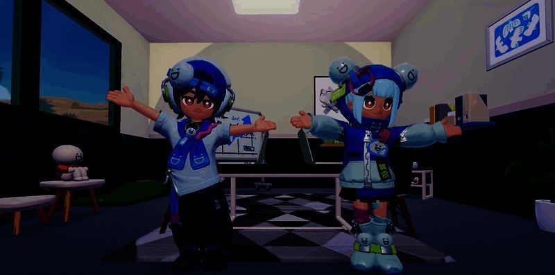 游戏中玩家身穿流汗小蓝头套与工装，正在做甩锅操，动作夸张又魔性