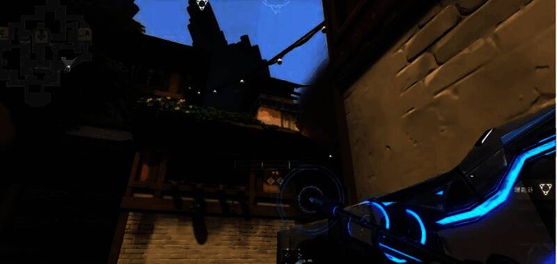 猎枭释放大招,能量光束穿透墙壁直击敌方,同时角色腾空而起进入悬浮状态