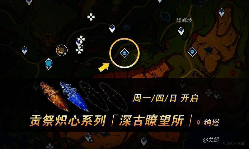 深古瞭望所秘境入口场景,火焰纹路环绕石柱,远处有发光宝箱