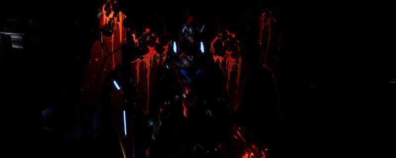 解限机游戏中黑豹机甲炽燃涂装展示,机身以黑色为主调,红色火焰纹路贯穿全身,金属光泽细节清晰可见