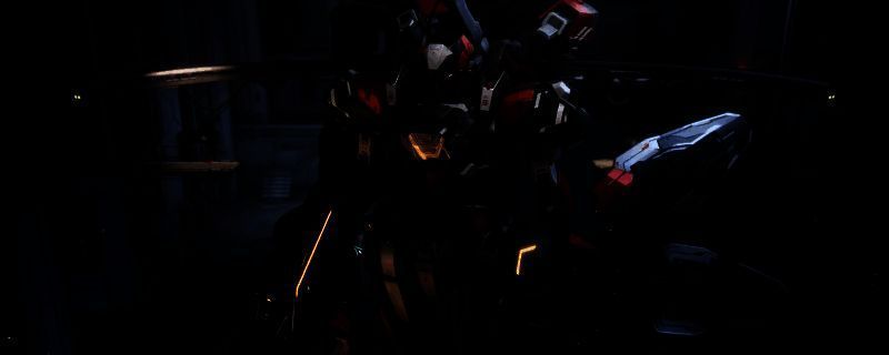 解限机鸣神机甲归零者涂装效果图,机体主色调为黑灰渐变,红色能量核心格外醒目