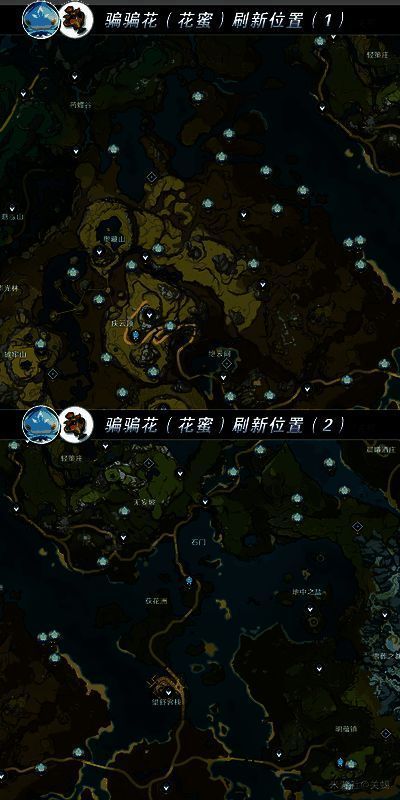 原神地图标记界面截图，多个红点标注骗骗花具体刷新位置，附带路线箭头指引
