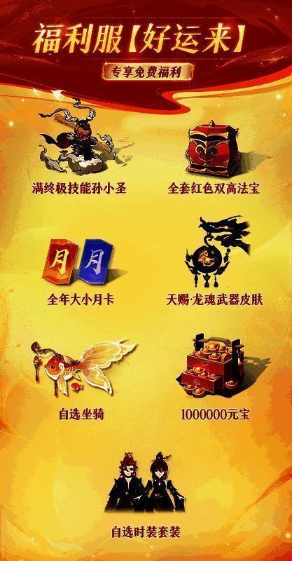 抽奖界面展示七大豪华奖品，其中孙小圣形象醒目，标注“满终极技能”字样