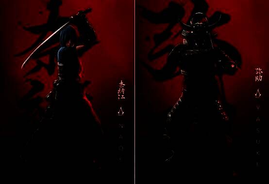 游戏内弥助角色立绘，身着融合西洋与日本风格的铠甲，神情坚毅，背景为安土城