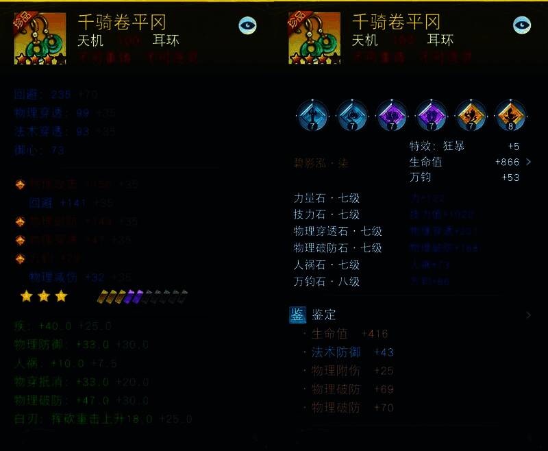 耳环属性界面，多项破防与穿透词条满额堆叠，显示为顶级毕业装备