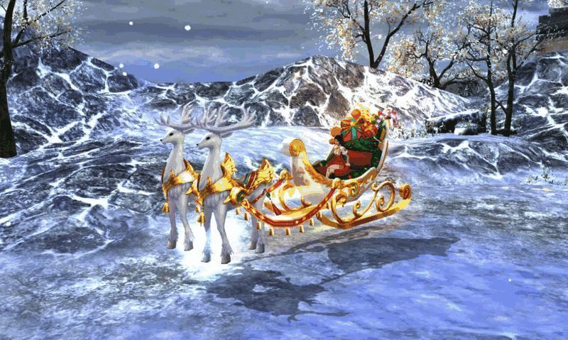 返场坐骑展示图，包含极地特快、雪鹿仙踪等多款坐骑在雪地场景中的动态展示