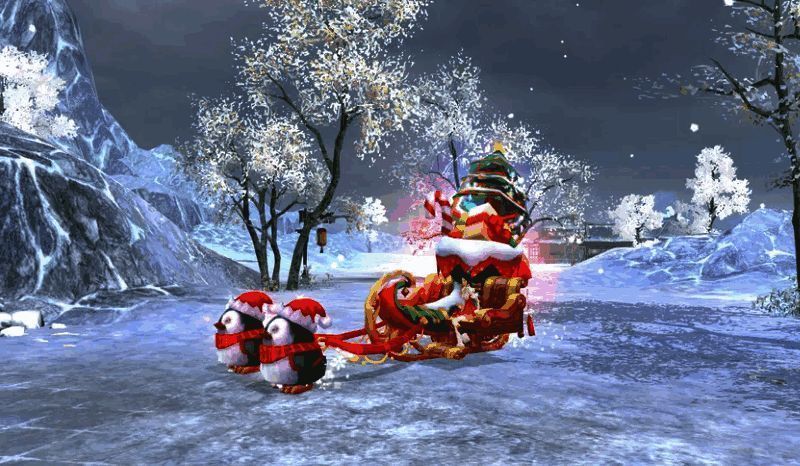 熊猫系列坐骑特写，熊猫驾到与熊猫滚滚憨态可掬，背景为竹林雪景