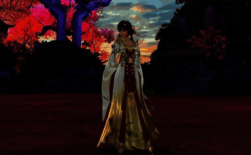 返场时装展示图，角色身着溯世歌引与云锦霞帔，背景为古风庭院夜景