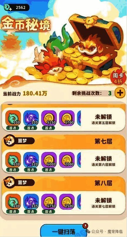 金币秘境界面展示,突出显示根气与金币奖励数值,下方为挑战倒计时与购买提示