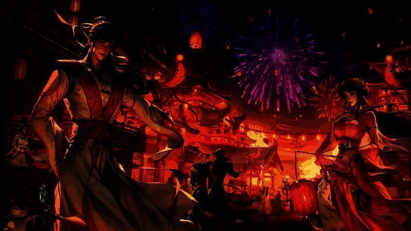 洛阳古城夜景灯火辉煌,少侠们在街头把酒言欢的温馨场景