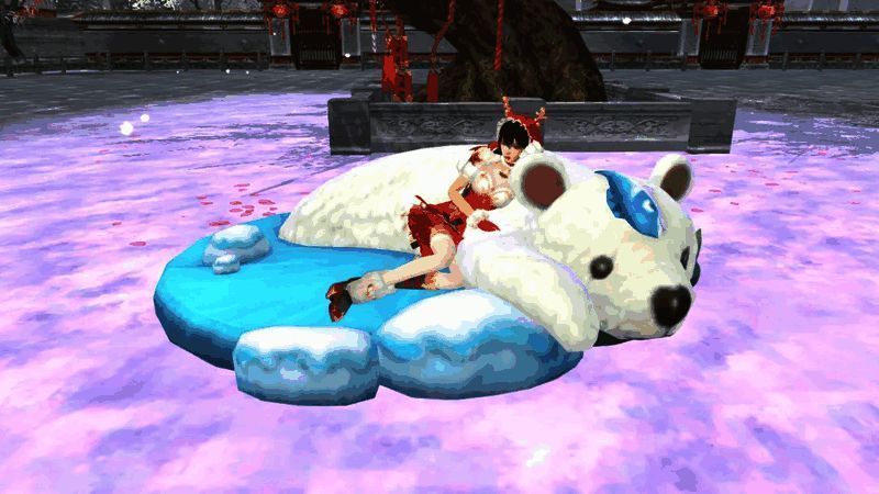 白熊躺椅3D展示图,少侠角色正惬意地躺在上面,周围飘着雪花