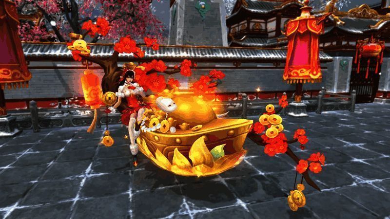 金元梅华坐骑动态展示,金光闪闪的元宝底座与盛开梅花交相辉映