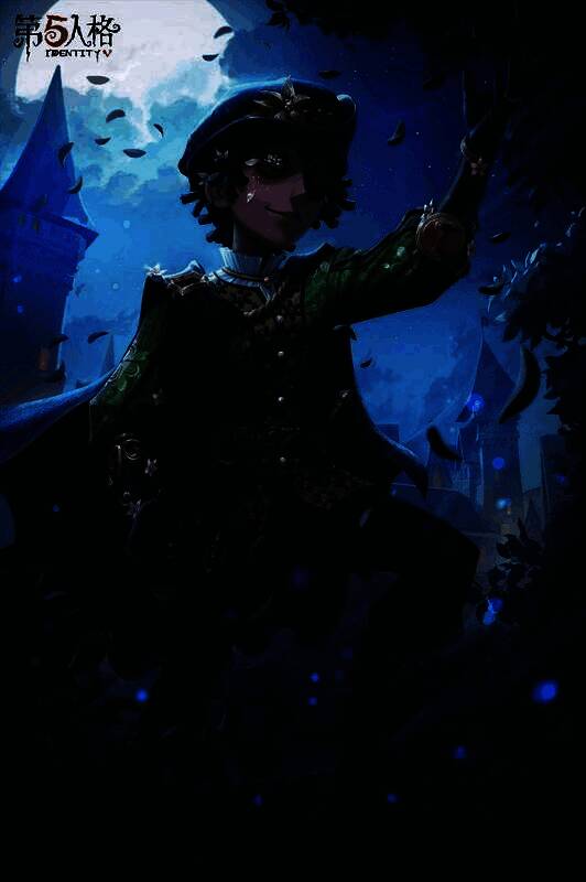 病患-罗密欧身穿深绿色华服，头戴金色花饰帽，在月光下扬手吟唱，落叶与荧光环绕周身，画面唯美如诗