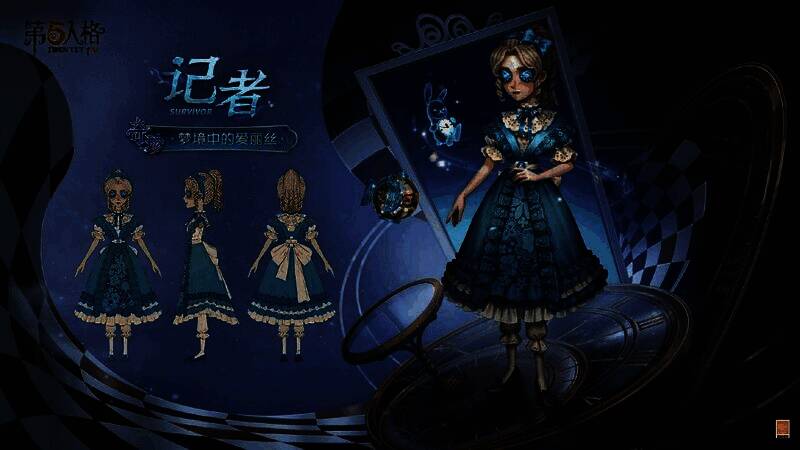 记者-梦境中的爱丽丝手持一个色彩斑斓的球形装置，身边伴随一只带有停摆时钟的兔子，背景为梦幻森林